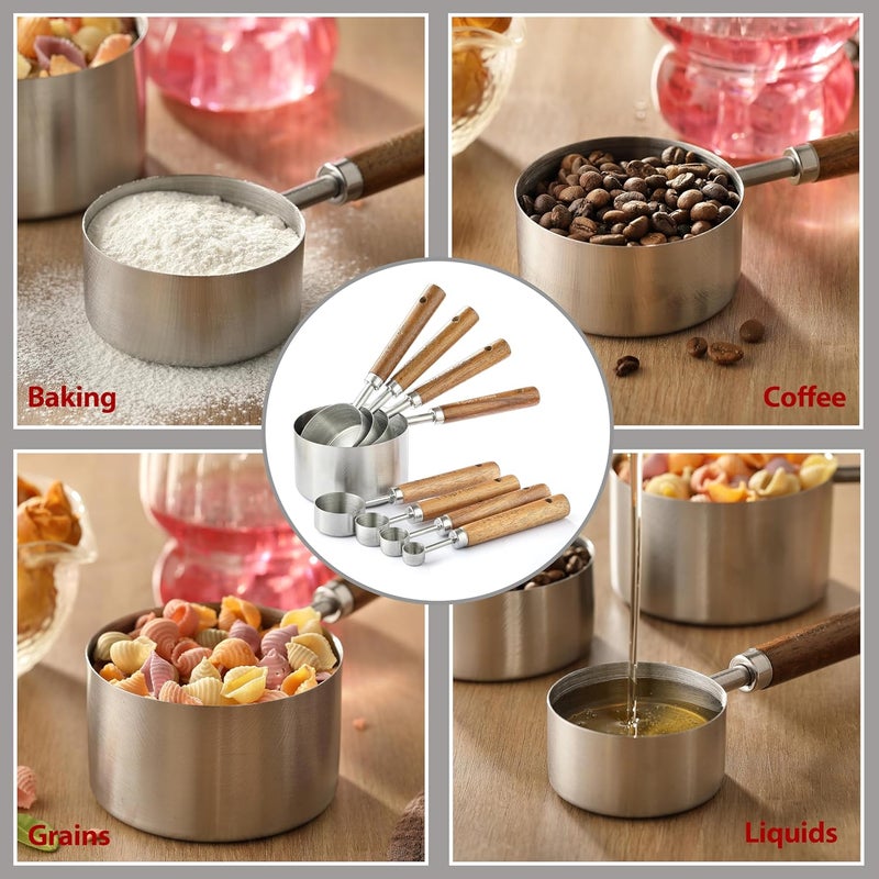 DAJLFA 8PCS Measuring Cups, Stainless Steel Measuring Cups and Spoons Set with Ergonomic Wooden Handle for Cooking & Baking - Image 4